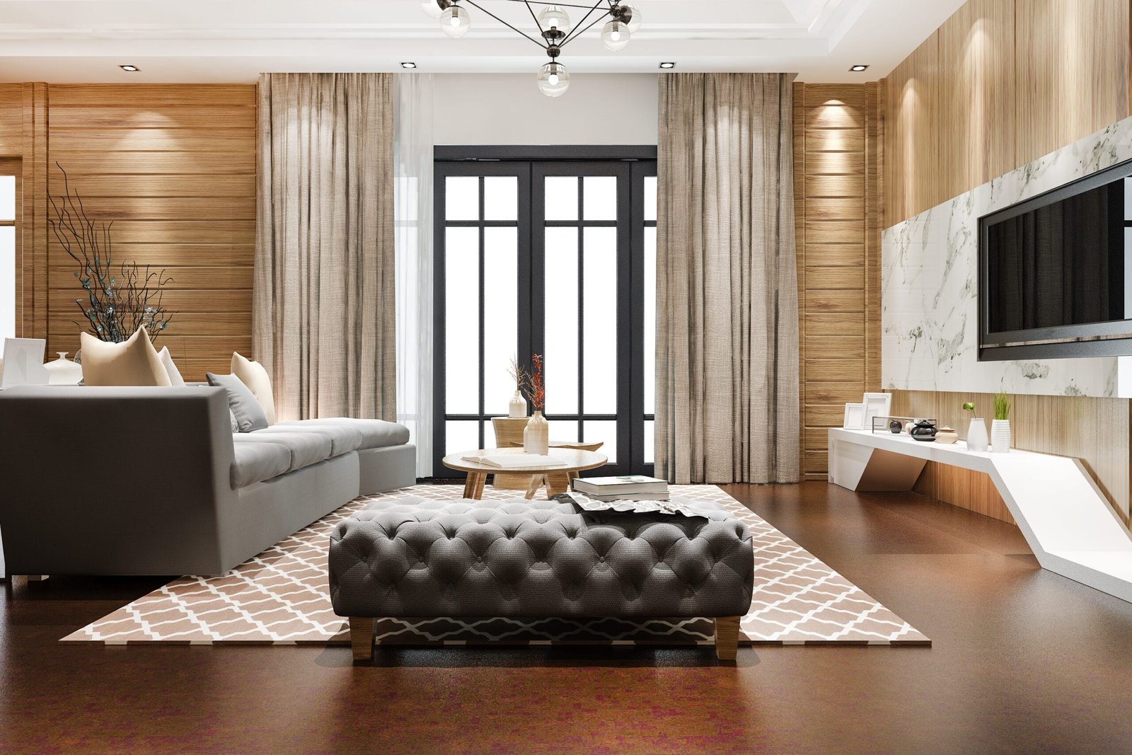 A modern living room showcasing beautiful luxury vinyl plank flooring with natural light streaming in, highlighting its realistic wood grain and contemporary appeal